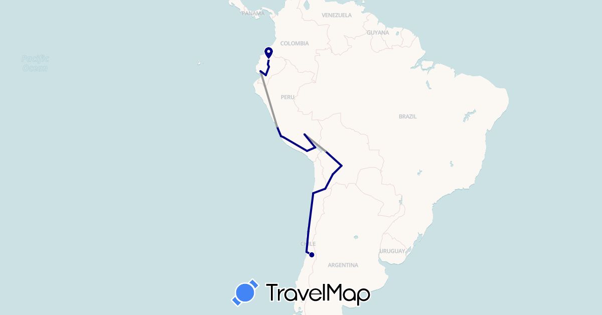 TravelMap itinerary: driving, plane in Bolivia, Chile, Ecuador, Peru (South America)